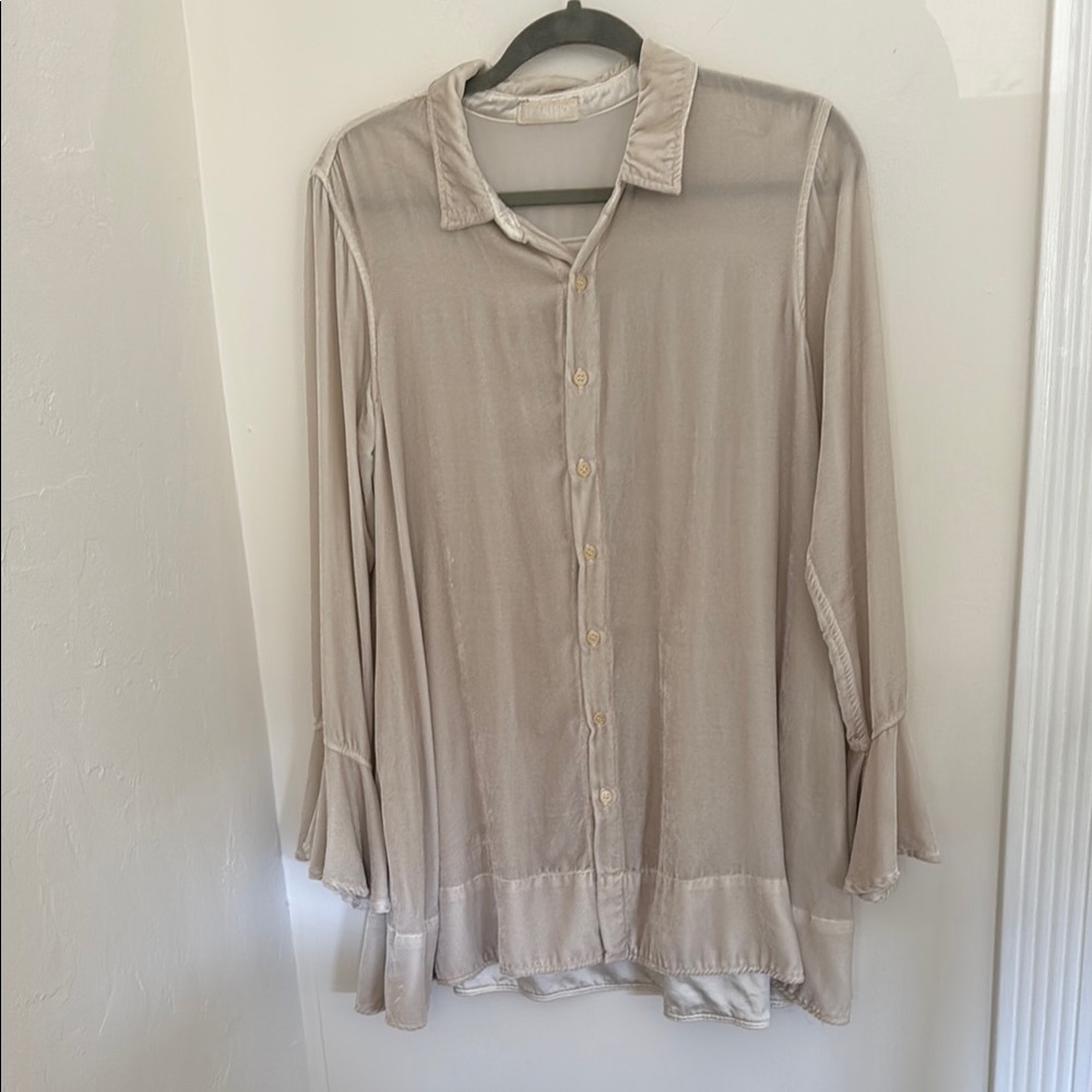 CP Shades Tan Oversized Button Down Shirt with Notched Collar